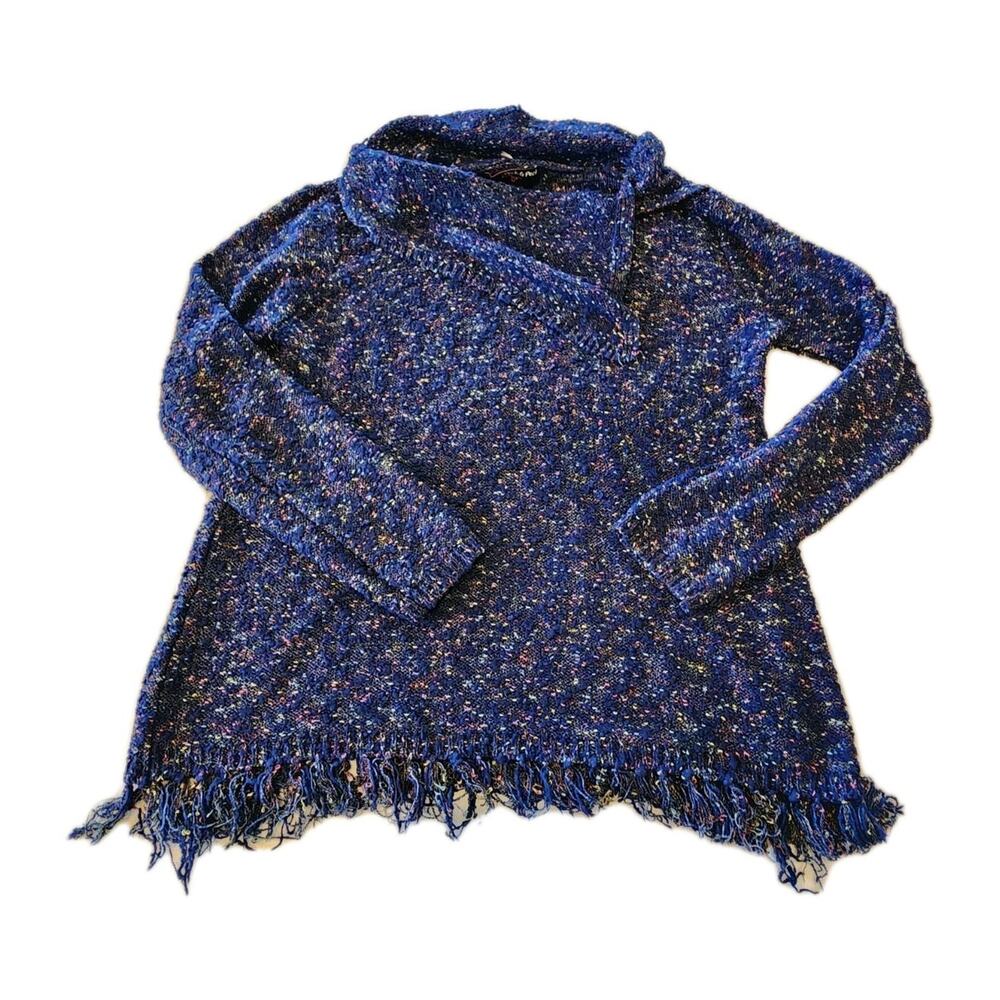 Peck & Peck Shawl Neck Pullover Turtleneck Sweater Fringed Blue Boucle XL Cowl
